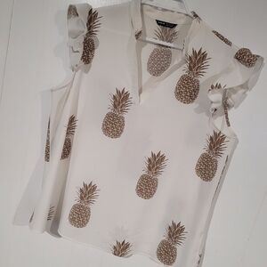 White Pineapple Print Women's Top With Ruffled Cap Sleeves And V Neck.